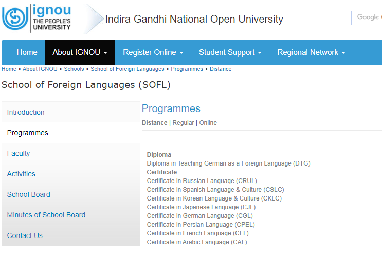 IGNOU Foreign Language learning programs